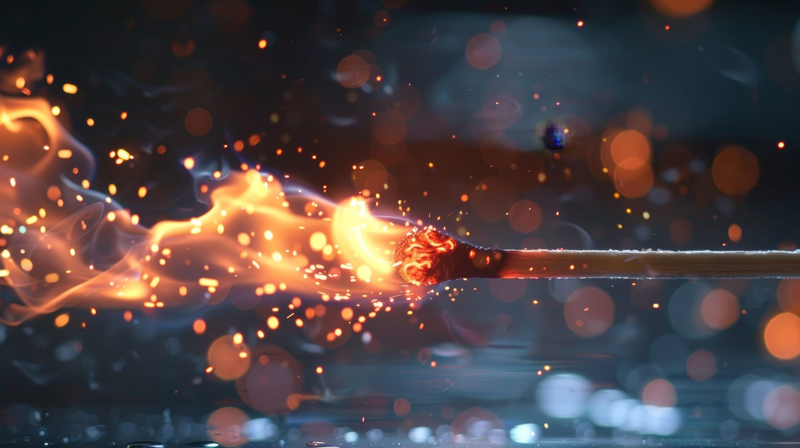 Macro shot of a match being lit with sparks flying everywhere